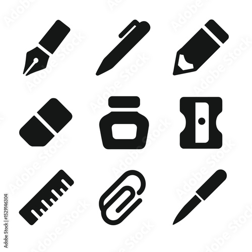 Writing Tools Icons. Solid, Filled icon set of writing tools: fountain pen, ballpoint pen, pencil, eraser, ink bottle, pencil