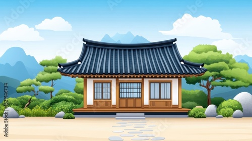 Traditional Asian Architecture House in Serene Mountain Landscape