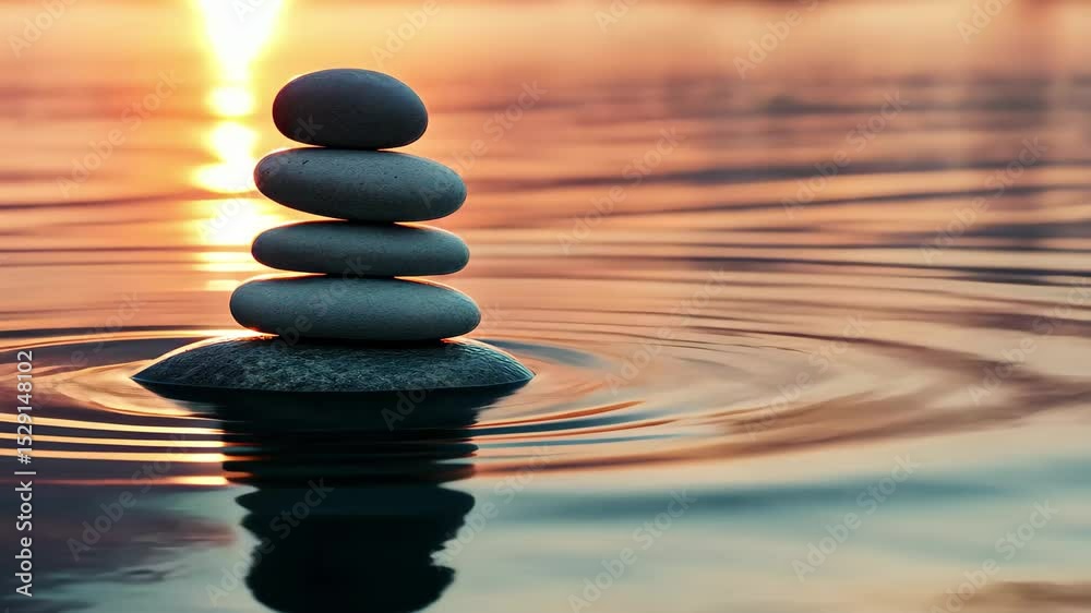 Balancing stones create a serene atmosphere over the water during sunset, Relaxation and meditation nature background Rock balance tower in water Balancing stones create a serene atmosphere over the water during sunset, Relaxation and meditation nature background Rock balance tower in water
