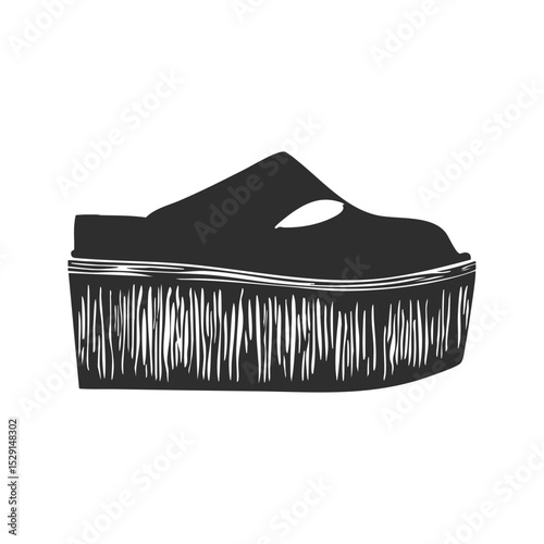 Platform Sandal Silhouette Illustration. Fashionable Footwear Design With Textured Sole. Isolated Vector Illustration