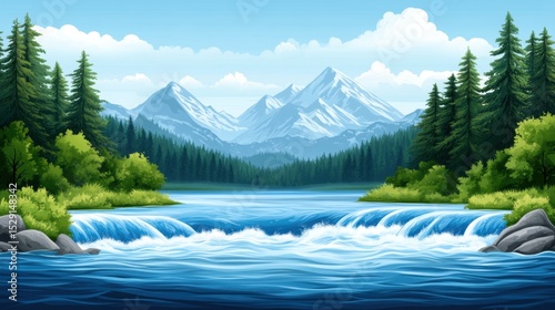 Tranquil Mountain Stream with Lush Forest and Majestic Mountain Peaks