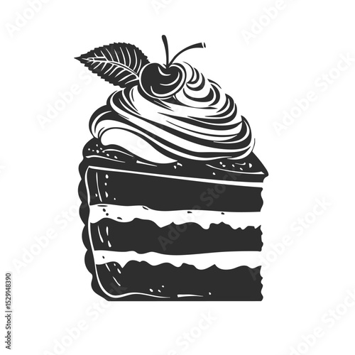 Layered Cake Slice With Cherry And Cream Silhouette Illustration. Dessert Temptation And Indulgence Isolated Vector Illustration