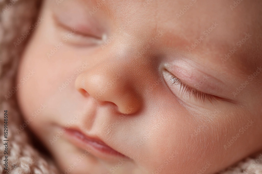 Fototapeta premium Close-Up of Newborn Baby Sleeping Peacefully, Representing Innocence and New Beginnings in Family Life, Childhood, and Parenting : Generative AI