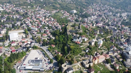 Flying over the fortress and city of Jajce in Bosnia and Herzegovina