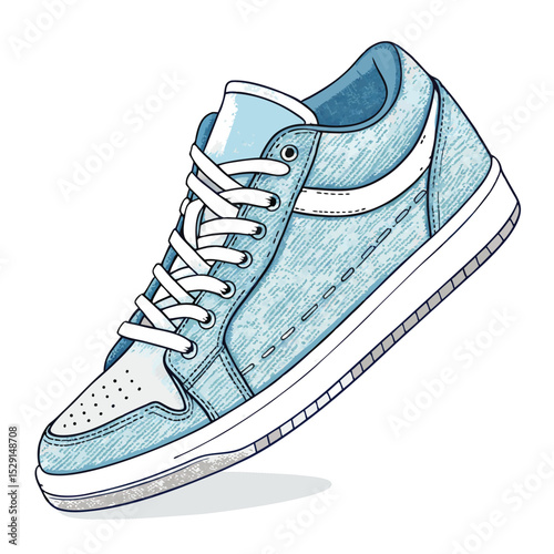 Detailed close-up of a stylish low-top sneaker featuring light blue denim upper and crisp white accents; showcasing stitching and texture.