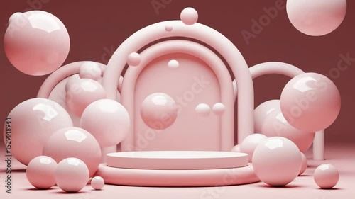 Pastel pink 3D stage with floating glossy spheres, soft animation, minimalist dreamy motion