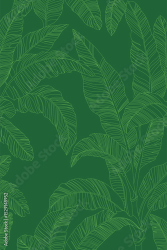Seamless pattern of vibrant green banana leaves, drawn in a clean line art style against a solid darker green background. This tropical foliage design offers a fresh, organic, and modern.