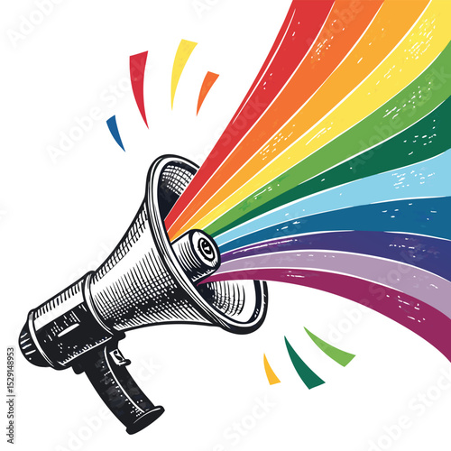 Vibrant rainbow sound waves emanating from a megaphone, isolated on white background.  Illustrative style.