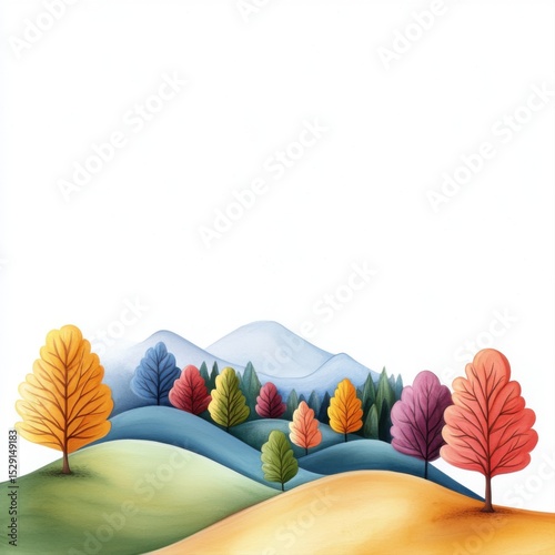 Colorful Landscape with Rolling Hills and Vibrant Autumn Trees in Nature