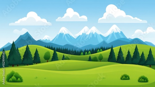 Scenic Mountain Landscape with Lush Green Hills and Blue Sky Background