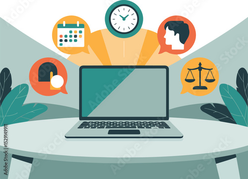A central, stylized laptop sits on a clean, light-gray desk, radiating a soft glow, with several associated icons—a calendar, a clock, a focused head, and a balanced scale—floating around it