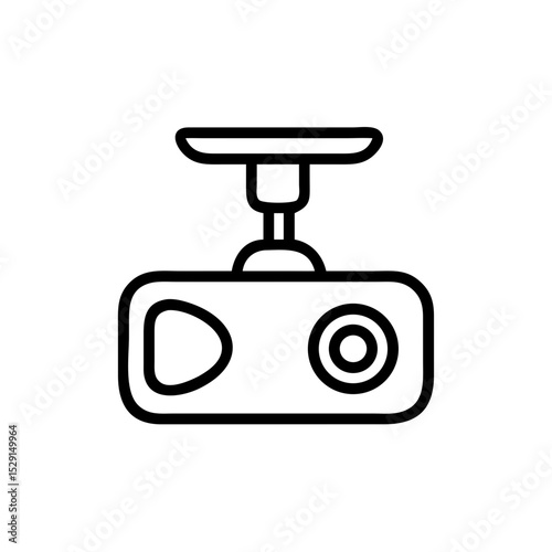 Minimal black line icon of a car camera or dashcam used for in-vehicle recording, safety monitoring, and evidence collection.
