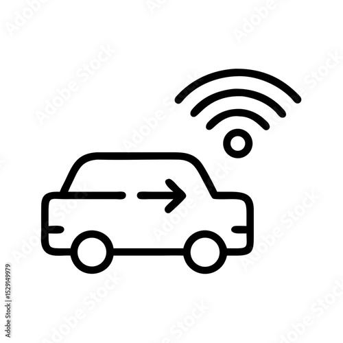 Line icon of a connected car with a wireless signal, symbolizing vehicle-to-network communication, smart mobility, and IoT integration.
