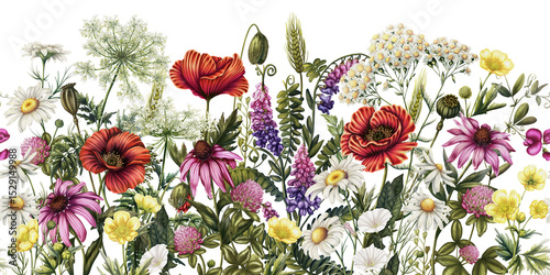 Horizontal seamless pattern of garden wildflowers. Chamomile, poppy, alfalfa, bindweed, yarrow, wild pea, buttercup, clover, wild carrot, echinacea. Medical plants. Print of meadow flowers