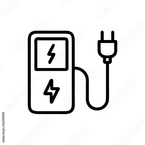 Line icon of an EV charger with cable and power symbol, representing electric vehicle infrastructure and sustainable energy technology.
