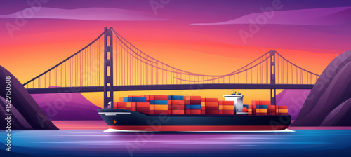 Colorful Container Ship Under Bridge at Sunset over Calm Waters