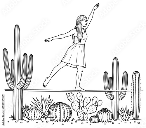 A woman balancing on a tightrope surrounded by cacti in a desert landscape, line art drawing. vector illustration