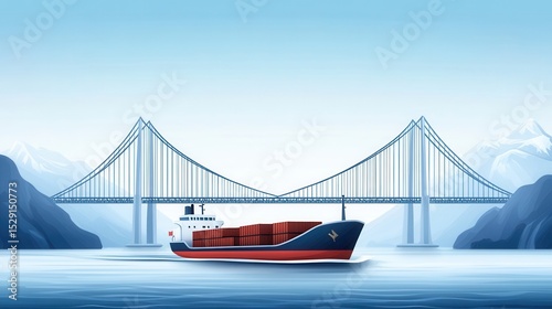 Container Ship Navigating Under a Modern Suspension Bridge at Dawn
