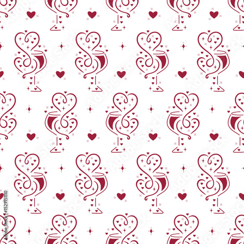 Burgundy White Romantic Vector Seamless Pattern of Wine Glasses with Hearts, Wine Splashes. Wine Lover Holiday Background