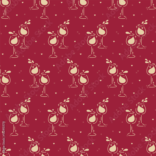Burgundy Red Golden Romantic Vector Seamless Pattern of Wine Glasses with Hearts, Wine Splashes. Wine Lover Holiday Background