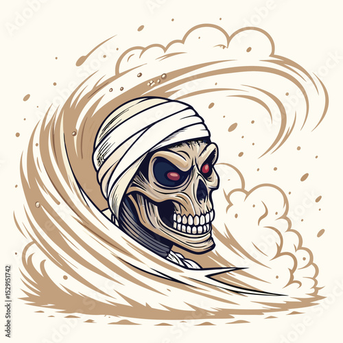 A weathered mummy skull, partially unwrapped, is being eroded by a fierce sandstorm, isolated against a stark, sandy background.