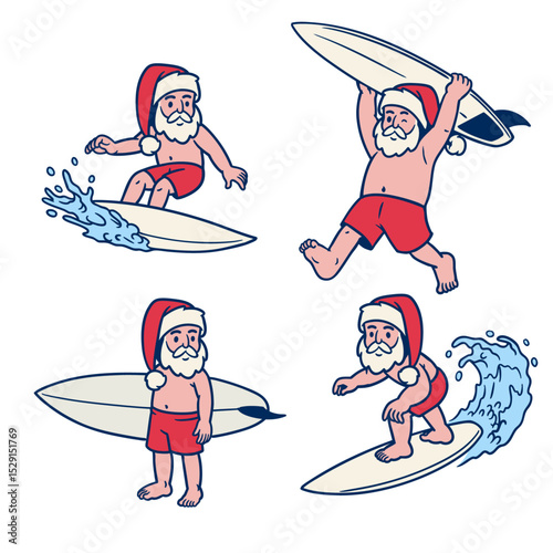 Character Set Of Santa Surfing Illustration