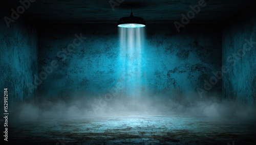 Dusty  dimly lit  teal-toned room with spotlight