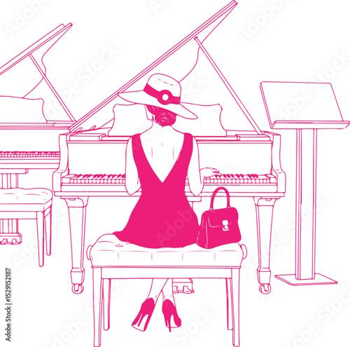 Elegant lady in a hat and beautiful dress playing a grand piano. vector illustration