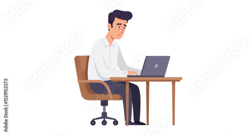 Weary Office Worker Using Laptop at Desk, Depicting Exhaustion and Stress