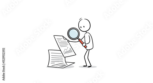 Stick Figure Examining Documents with Magnifying Glass