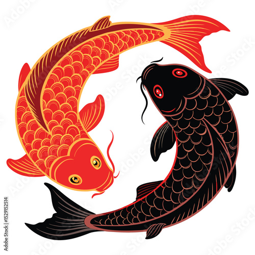 Vivid neon koi fish swimming in a dynamic yin yang formation, vibrant colors, detailed scales, swirling water.