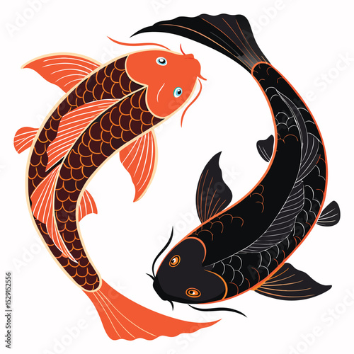Vivid neon koi fish forming a yin yang symbol,  glowing intensely, detailed scales, vibrant colors, single focal point.