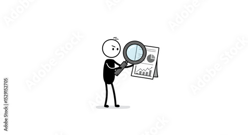 Stick Figure Analyzing Data with Magnifying Glass