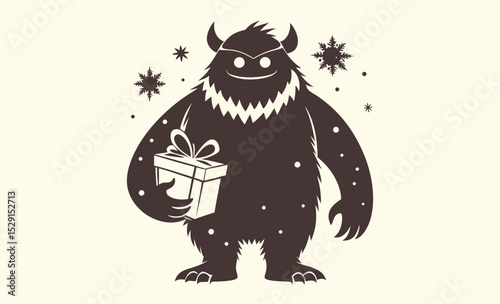 Christmas yeti silhouette, bigfoot with tree, winter holiday design, festive cutout graphic, vector illustration