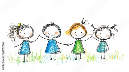 Joyful Children Holding Hands in Colorful Dress Illustrating Friendship