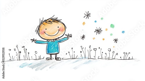 Happy Child Smiling with Flowers and Colorful Elements in a Playful Scene