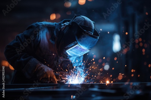Close-up of a professional welder working with metal in a factory, with bright sparks and protective gear creating dramatic visuals.