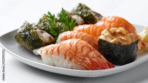 Assorted sushi plate on white background