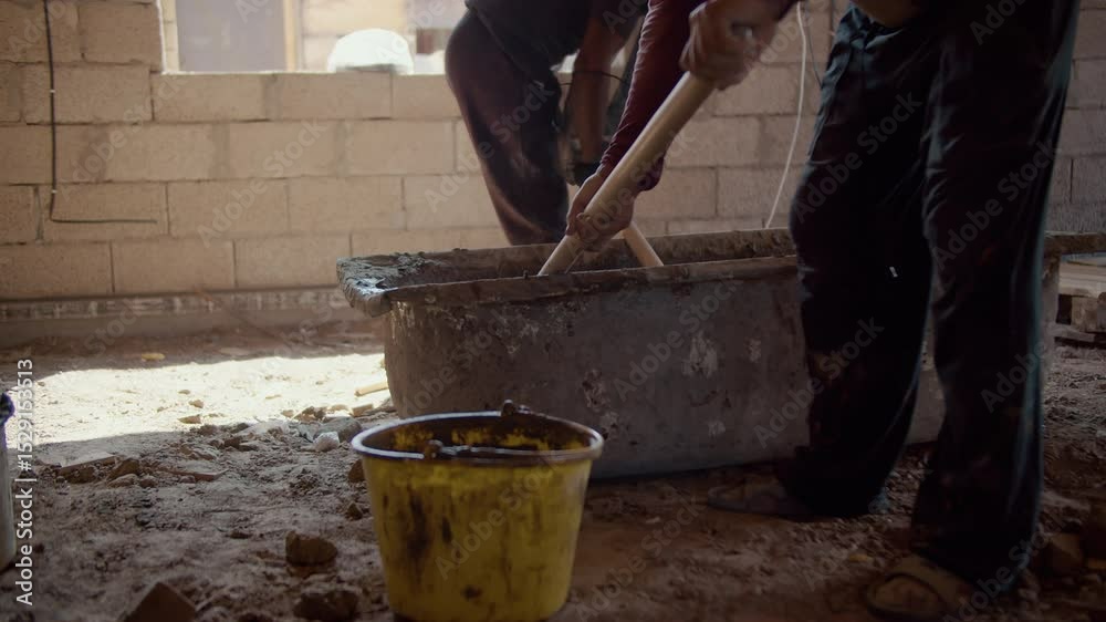 Mixing mortar at interior construction site