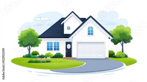 Modern and Charming House Illustration with Garden and Blue Sky Scene