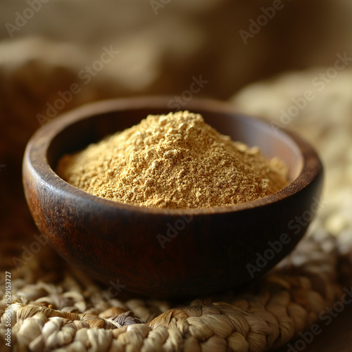 A pile of fine gold dust in a carved wooden bowl