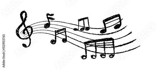 Charcoal scribble music notation. Handwritten pop design with colorful notes and clean lines. Funny song symbols handwritten by black crayon on white background. Vector illustration for kindergarten