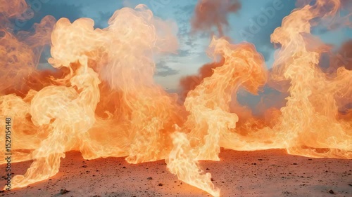 Flames rising against a blue sky in a fiery natural landscape  