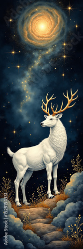 An illustration of a white deer with golden antlers stands on a bed of clouds. The animal is surrounded by stars against a dark blue background.

