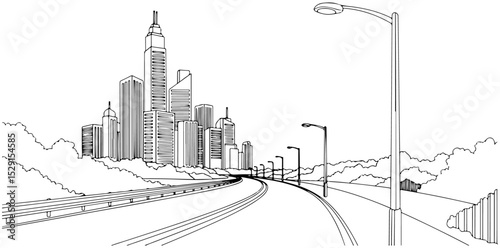 Line drawing of a cityscape with skyscrapers, street lamp and curving road. vector illustration