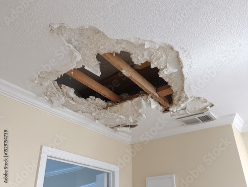 Large hole in textured ceiling exposing wooden beams, showing water damage and needing repairs.