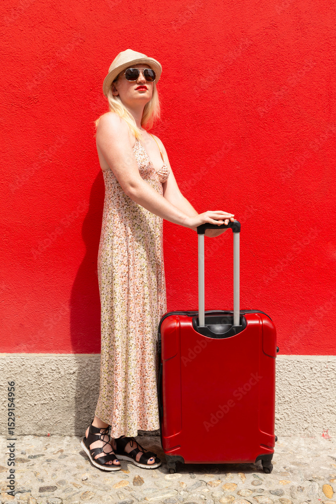 Φωτογραφία Woman in summer dress travelling with red suitcase in front of a red painted wal