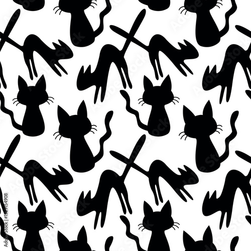 Seamless pattern with black witch cats. Happy Halloween. Cute pets in flat style. Abstract texture background