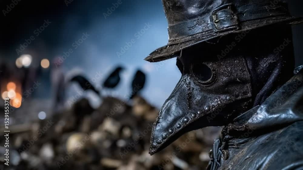 A detailed examination of the bubonic plague's effects shows a figure dressed in historical attire, revealing the dark past and the haunting presence of this disease in society