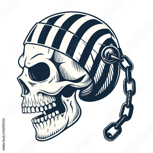 A detailed rendering of a human skull, adorned with prison-style striped markings and a heavy ball and chain, suggesting incarceration and mortality.